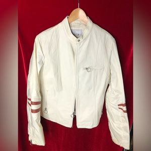 White leather jacket with red strips